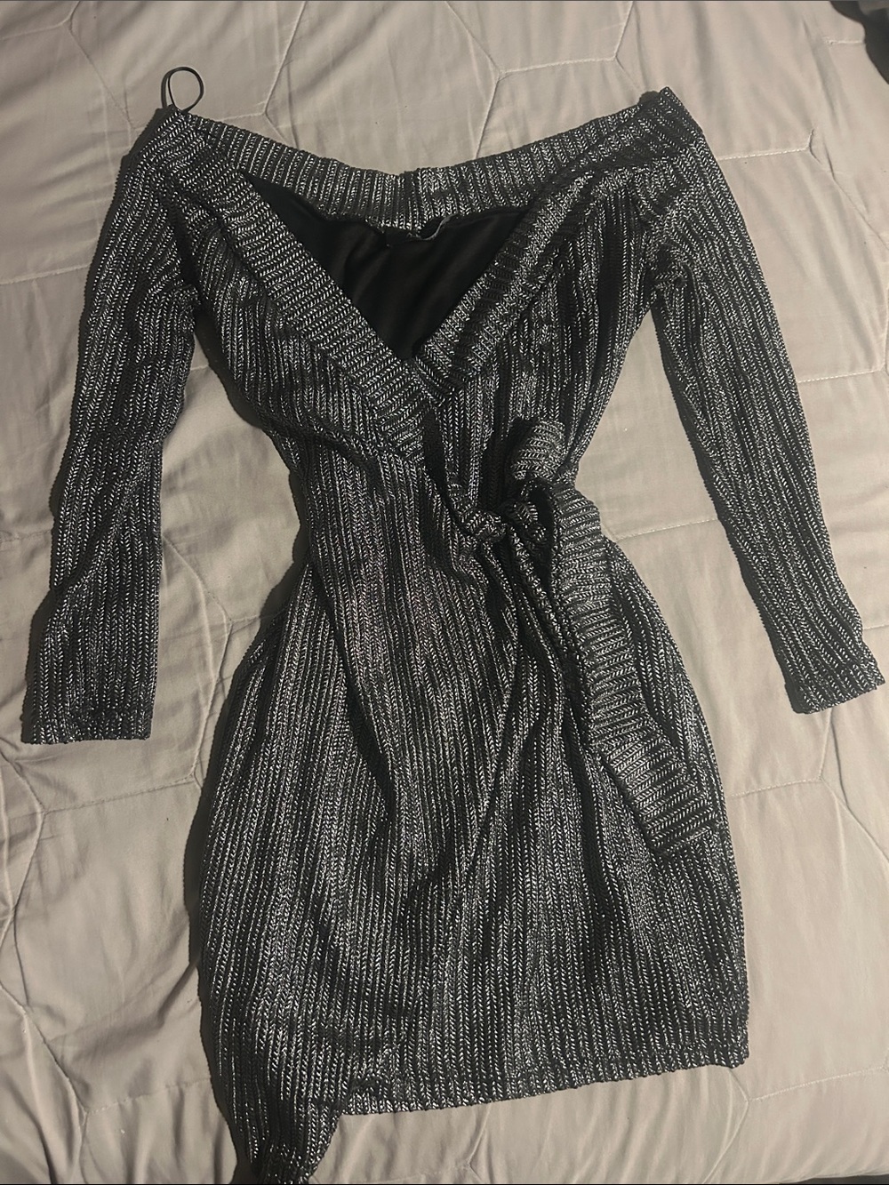 Off-Shoulder Black and Silver Metallic Wrap Dress